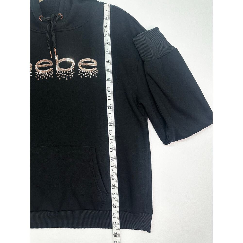 Bebe Sport Y2K Black Hoodie Rose Gold Sequin Logo Thumbhole Women’s Size L - Picture 8 of 11